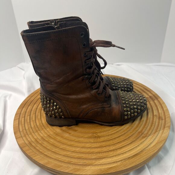 Steve Madden Leather Brown Gold Spike Studded Tarnney Combat Boots Size 7 M - Picture 5 of 10